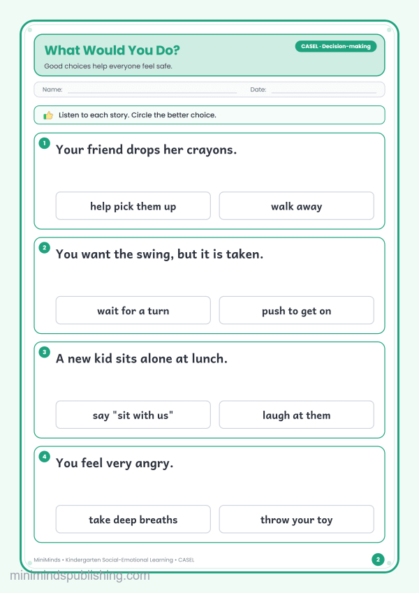 What Would You Do? — free printable Kindergarten social-emotional learning worksheet for ages 5-6 (Common Core CASEL · Decision-making)
