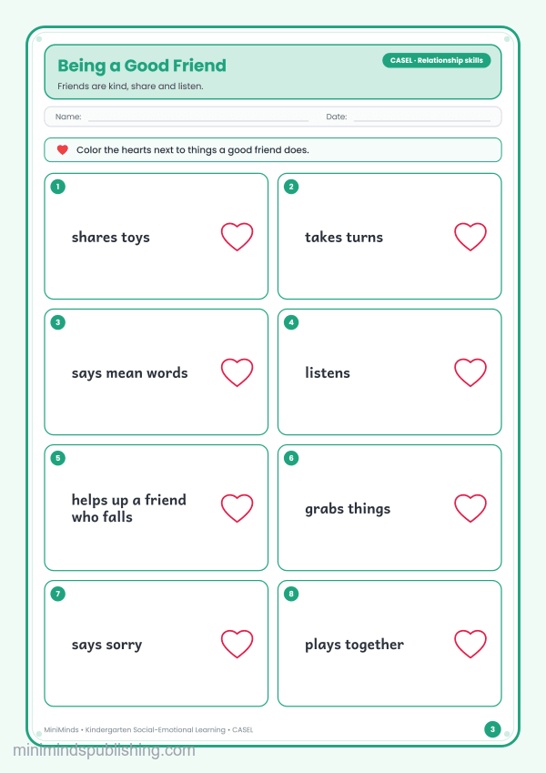 Being a Good Friend — free printable Kindergarten social-emotional learning worksheet for ages 5-6 (Common Core CASEL · Relationship skills)