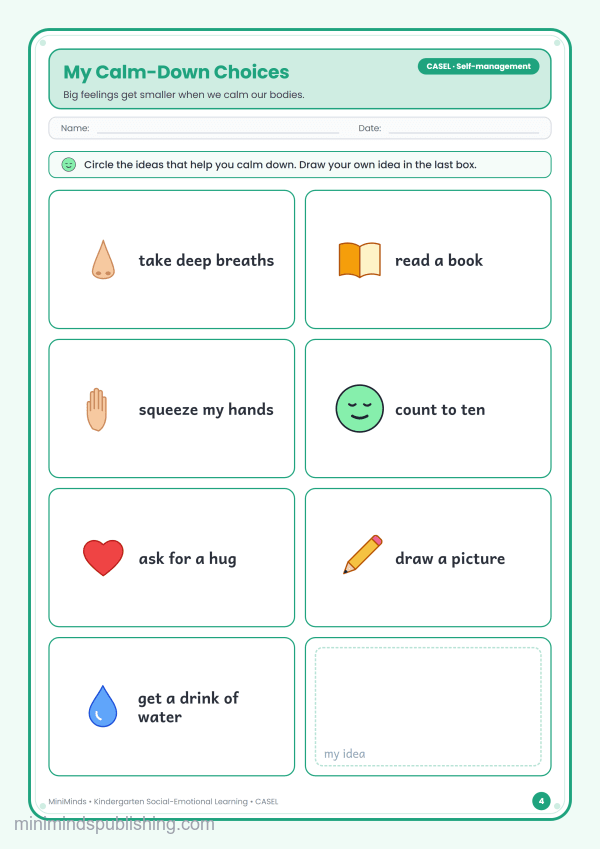 My Calm-Down Choices — free printable Kindergarten social-emotional learning worksheet for ages 5-6 (Common Core CASEL · Self-management)