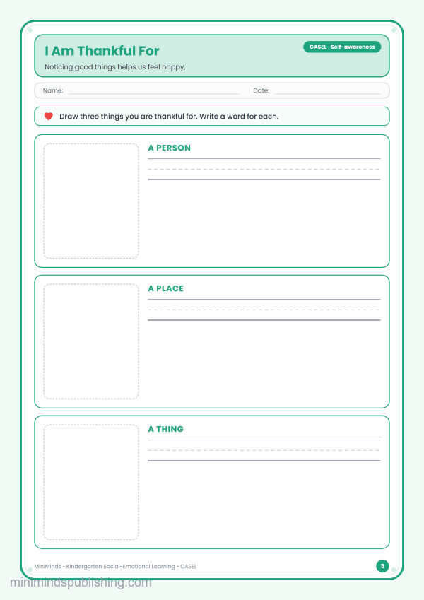 I Am Thankful For — free printable Kindergarten social-emotional learning worksheet for ages 5-6 (Common Core CASEL · Self-awareness)