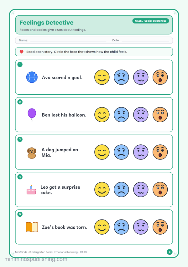 Feelings Detective — free printable Kindergarten social-emotional learning worksheet for ages 5-6 (Common Core CASEL · Social awareness)