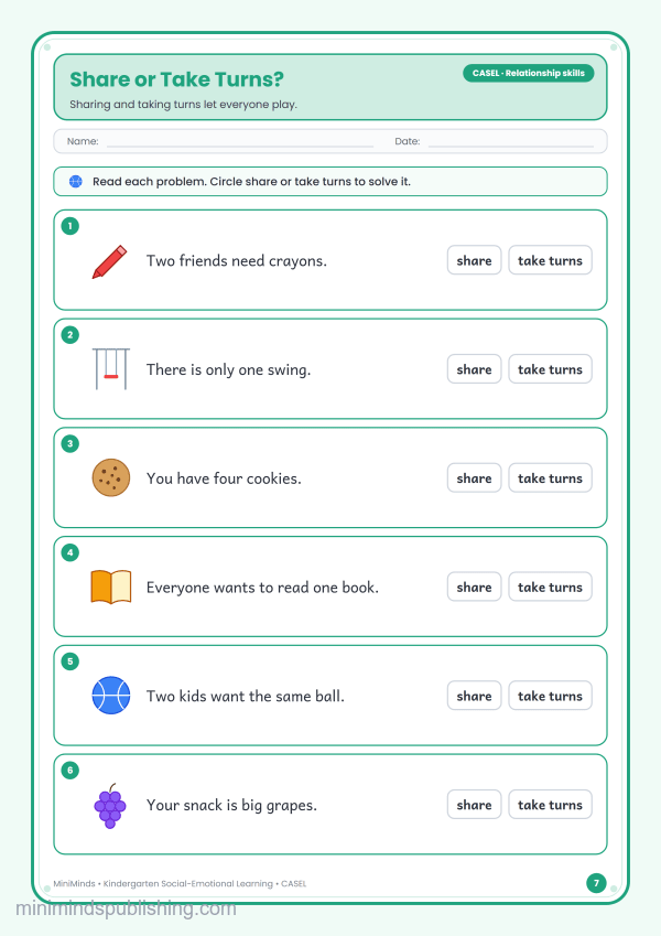 Share or Take Turns? — free printable Kindergarten social-emotional learning worksheet for ages 5-6 (Common Core CASEL · Relationship skills)