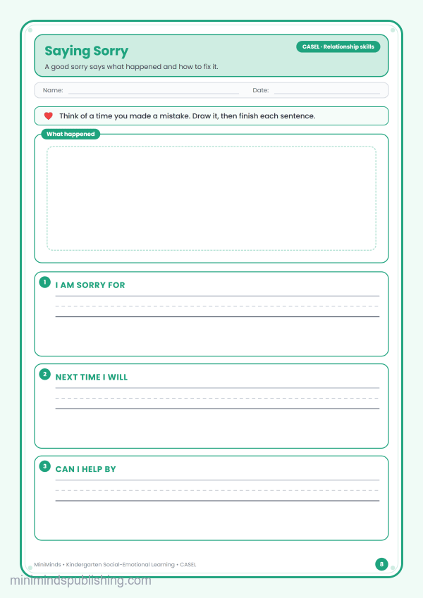 Saying Sorry — free printable Kindergarten social-emotional learning worksheet for ages 5-6 (Common Core CASEL · Relationship skills)