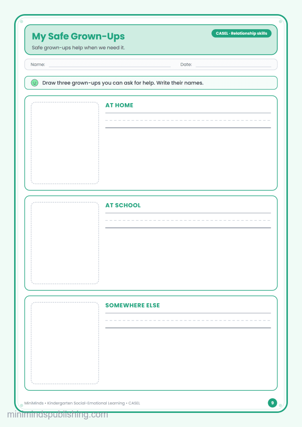 My Safe Grown-Ups — free printable Kindergarten social-emotional learning worksheet for ages 5-6 (Common Core CASEL · Relationship skills)