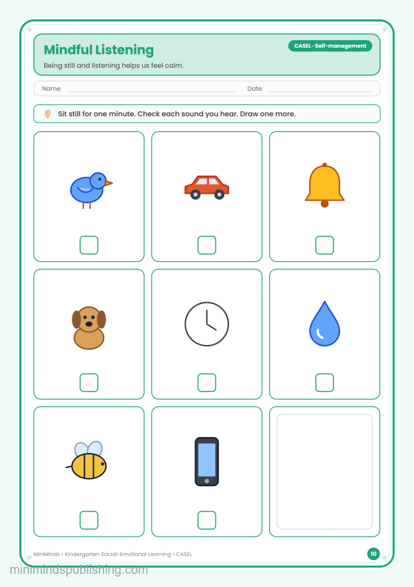 Mindful Listening — free printable Kindergarten social-emotional learning worksheet for ages 5-6 (Common Core CASEL · Self-management)