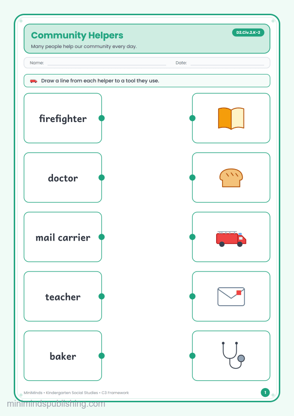 Community Helpers — free printable Kindergarten social studies worksheet for ages 5-6 (Common Core D2.Civ.2.K-2)