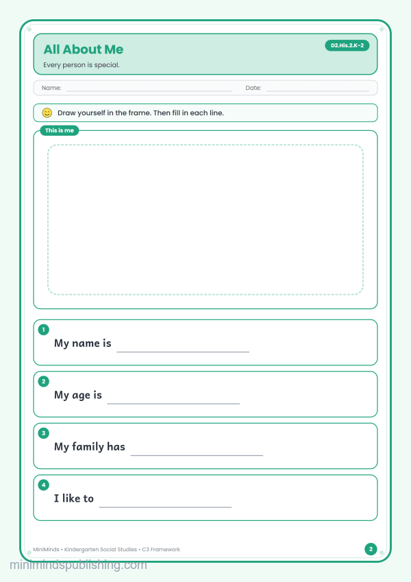 All About Me — free printable Kindergarten social studies worksheet for ages 5-6 (Common Core D2.His.2.K-2)