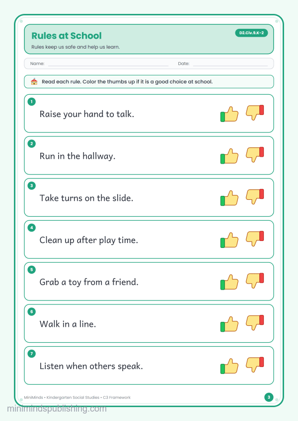Rules at School — free printable Kindergarten social studies worksheet for ages 5-6 (Common Core D2.Civ.9.K-2)