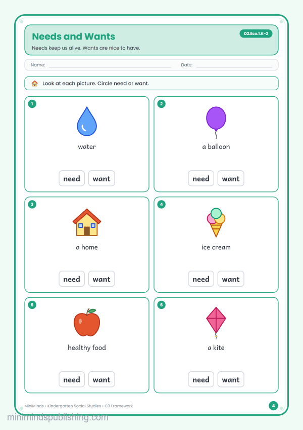 Needs and Wants — free printable Kindergarten social studies worksheet for ages 5-6 (Common Core D2.Eco.1.K-2)