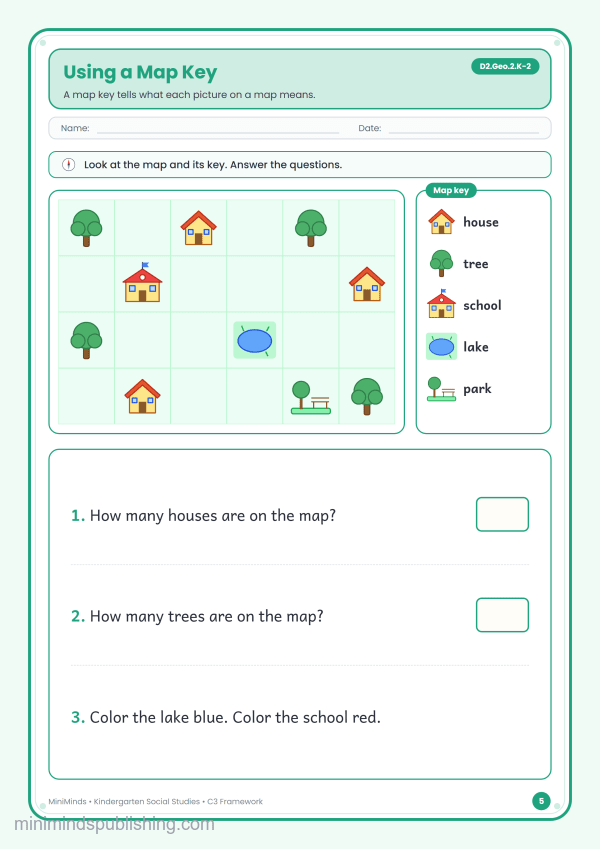 Using a Map Key — free printable Kindergarten social studies worksheet for ages 5-6 (Common Core D2.Geo.2.K-2)