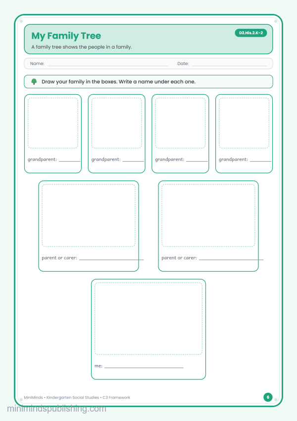 My Family Tree — free printable Kindergarten social studies worksheet for ages 5-6 (Common Core D2.His.2.K-2)