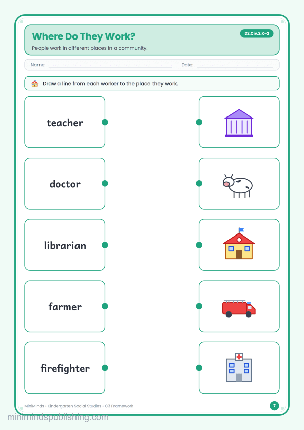 Where Do They Work? — free printable Kindergarten social studies worksheet for ages 5-6 (Common Core D2.Civ.2.K-2)