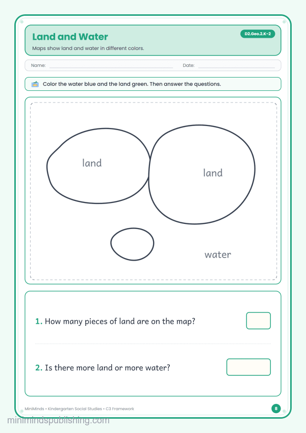 Land and Water — free printable Kindergarten social studies worksheet for ages 5-6 (Common Core D2.Geo.2.K-2)
