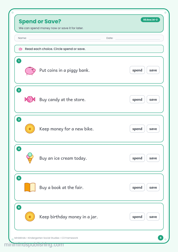Spend or Save? — free printable Kindergarten social studies worksheet for ages 5-6 (Common Core D2.Eco.1.K-2)