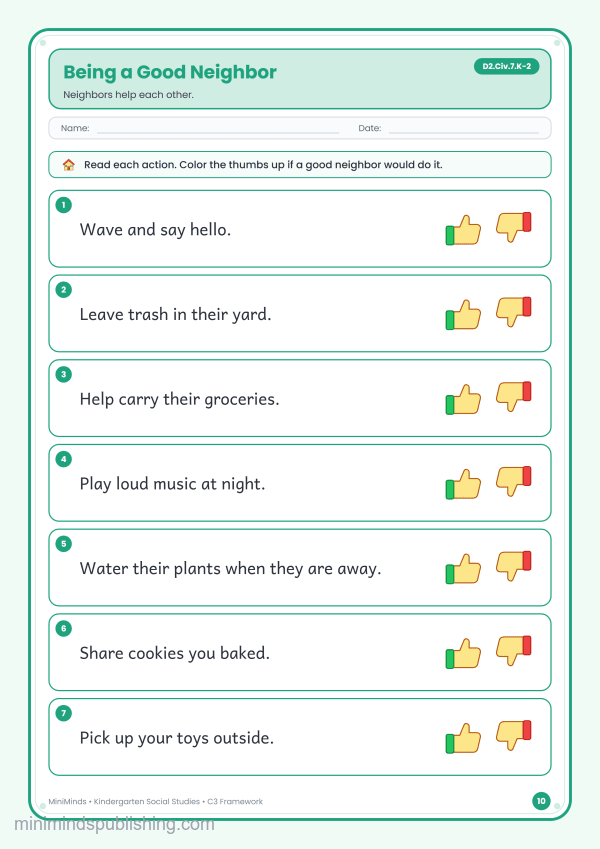Being a Good Neighbor — free printable Kindergarten social studies worksheet for ages 5-6 (Common Core D2.Civ.7.K-2)