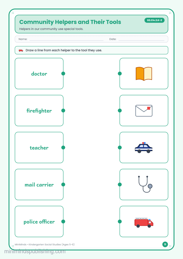 Community Helpers and Their Tools — free printable Kindergarten social studies worksheet for ages 5-6 (Common Core D2.Civ.2.K-2)