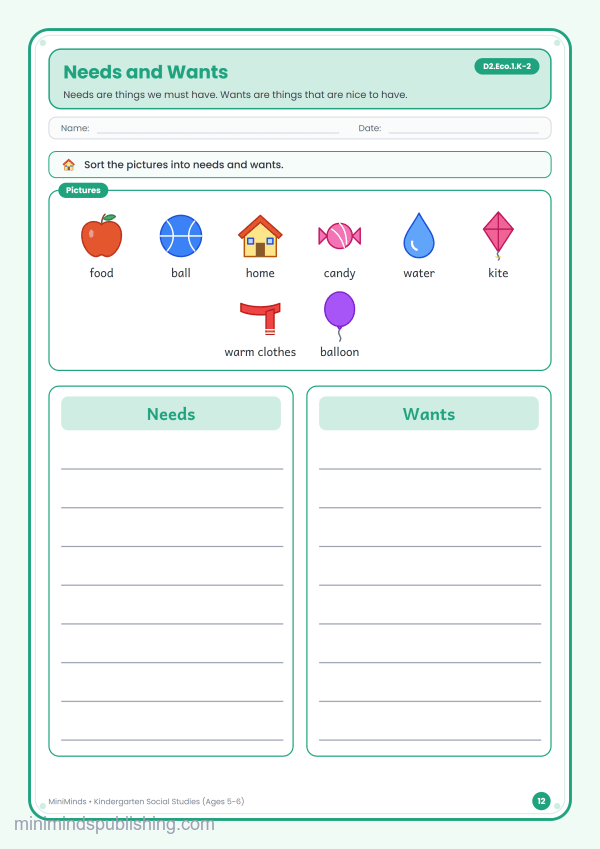 Needs and Wants — free printable Kindergarten social studies worksheet for ages 5-6 (Common Core D2.Eco.1.K-2)