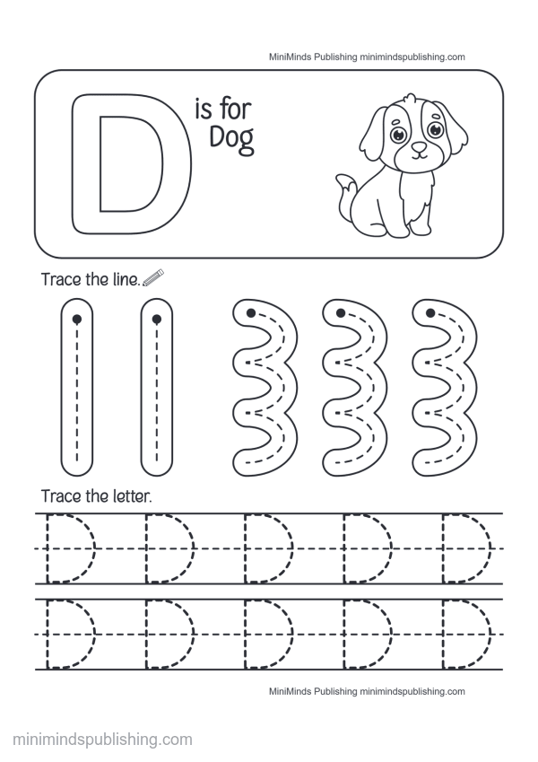 Trace the Letter D: D is for Dog — free printable Pre-K alphabet tracing worksheet for ages 3-5