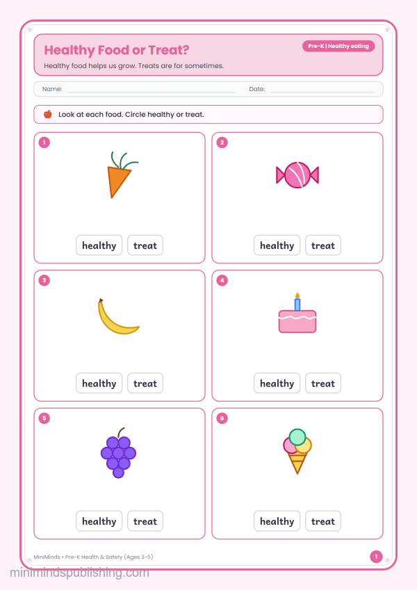Healthy Food or Treat? — free printable Pre-K health & safety worksheet for ages 3-5