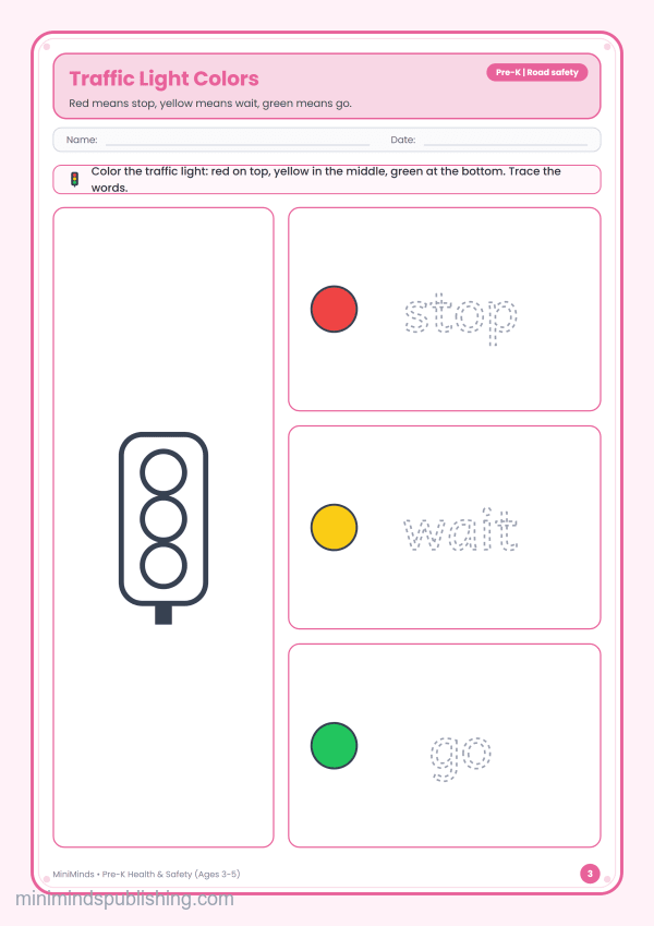 Traffic Light Colors — free printable Pre-K health & safety worksheet for ages 3-5