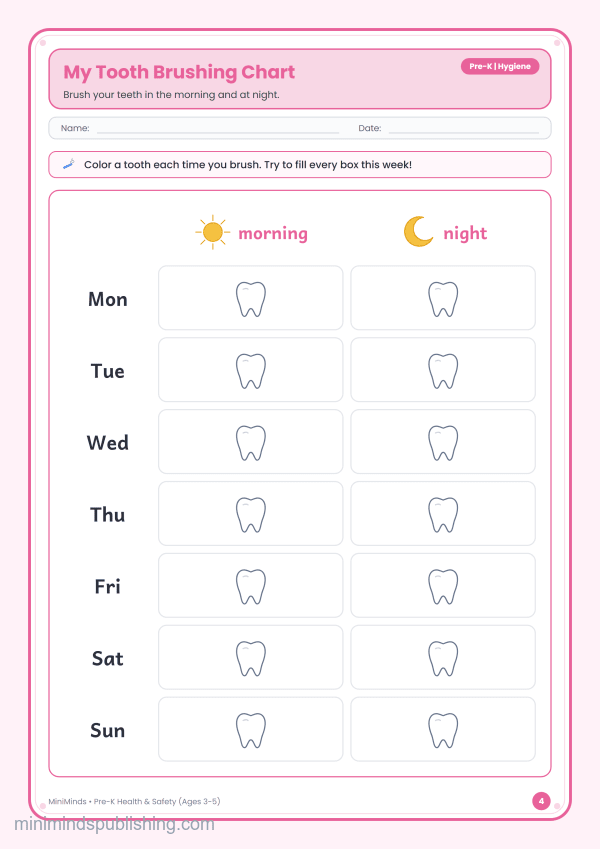 My Tooth Brushing Chart — free printable Pre-K health & safety worksheet for ages 3-5