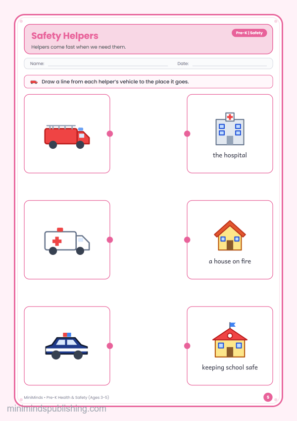 Safety Helpers — free printable Pre-K health & safety worksheet for ages 3-5