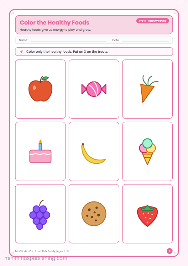 Color the Healthy Foods — free printable Pre-K health & safety worksheet for ages 3-5