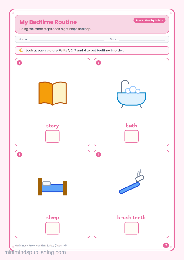My Bedtime Routine — free printable Pre-K health & safety worksheet for ages 3-5