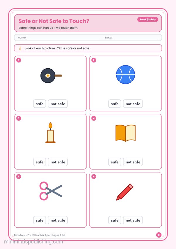 Safe or Not Safe to Touch? — free printable Pre-K health & safety worksheet for ages 3-5