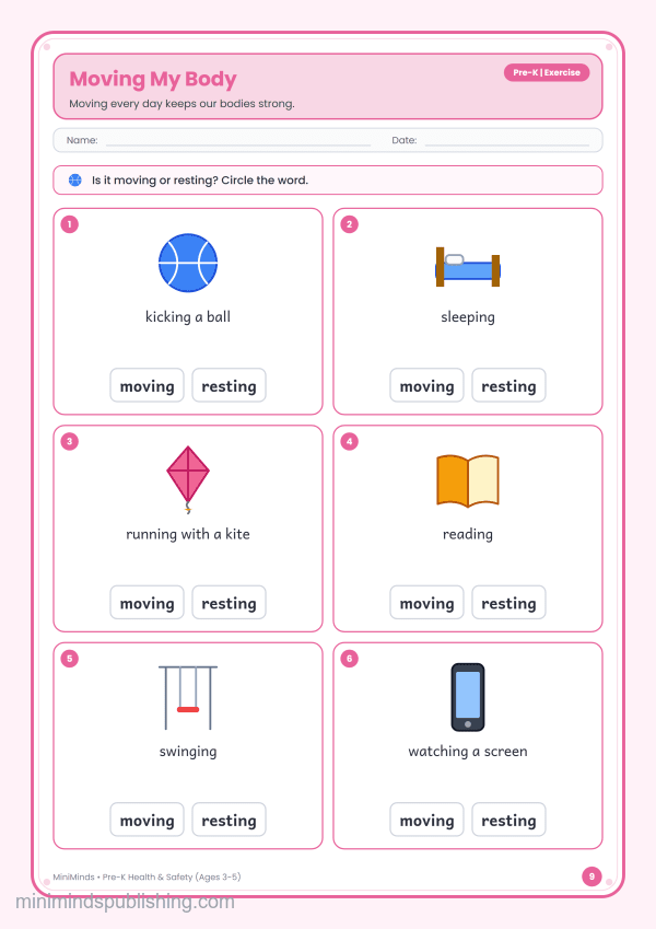 Moving My Body — free printable Pre-K health & safety worksheet for ages 3-5