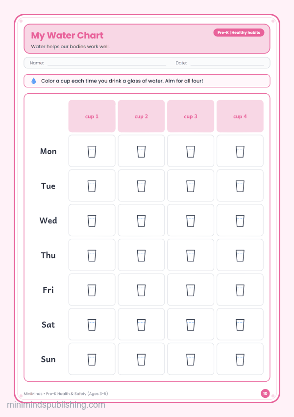 My Water Chart — free printable Pre-K health & safety worksheet for ages 3-5