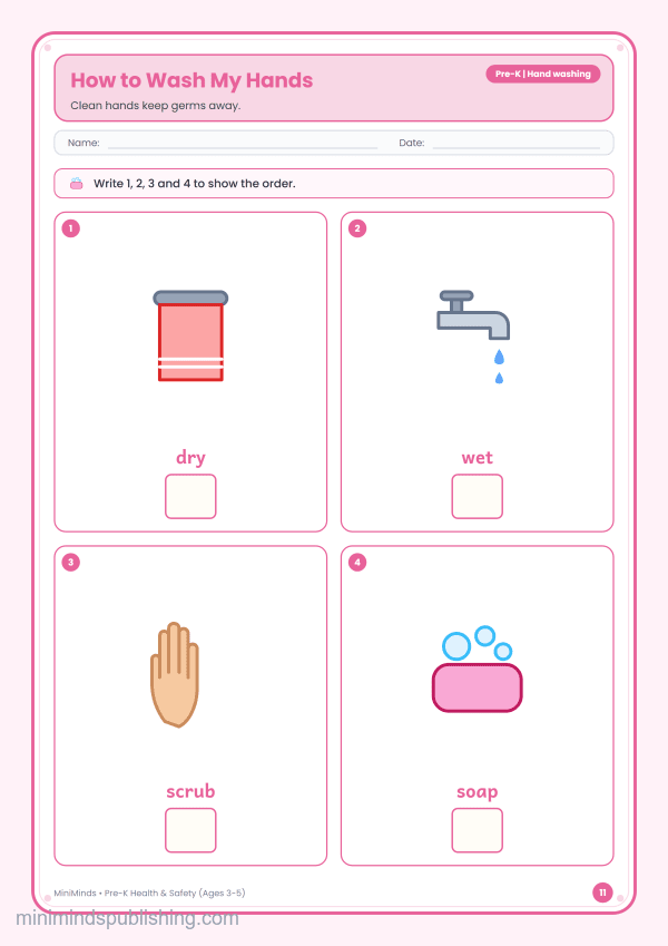 How to Wash My Hands — free printable Pre-K health & safety worksheet for ages 3-5
