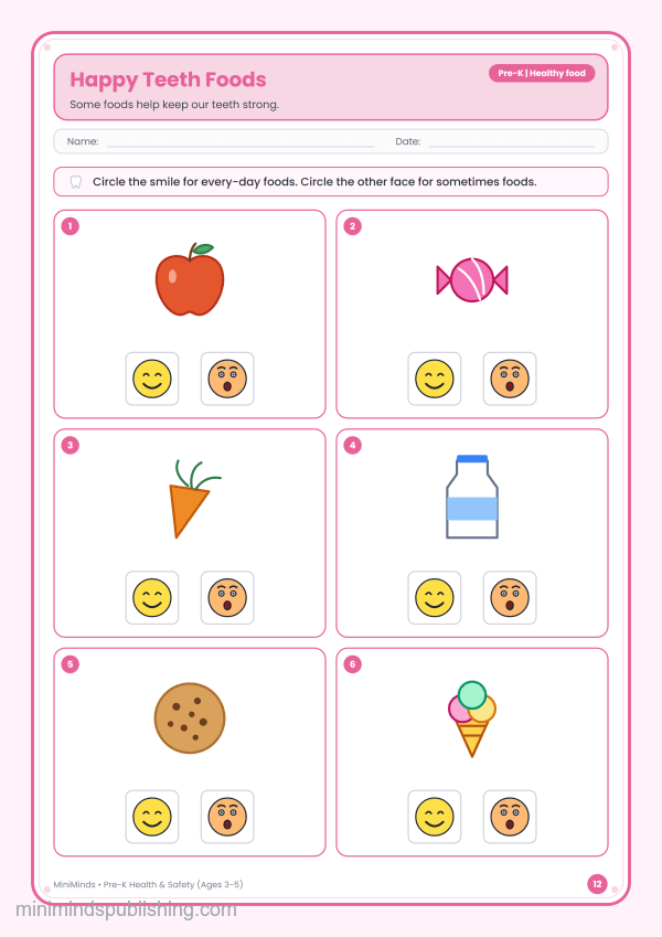Happy Teeth Foods — free printable Pre-K health & safety worksheet for ages 3-5