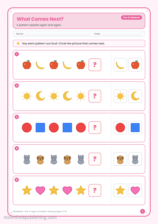 What Comes Next? — free printable Pre-K logic & problem solving worksheet for ages 3-5