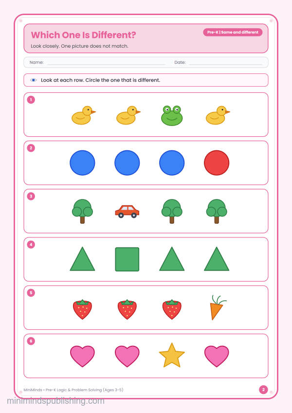 Which One Is Different? — free printable Pre-K logic & problem solving worksheet for ages 3-5