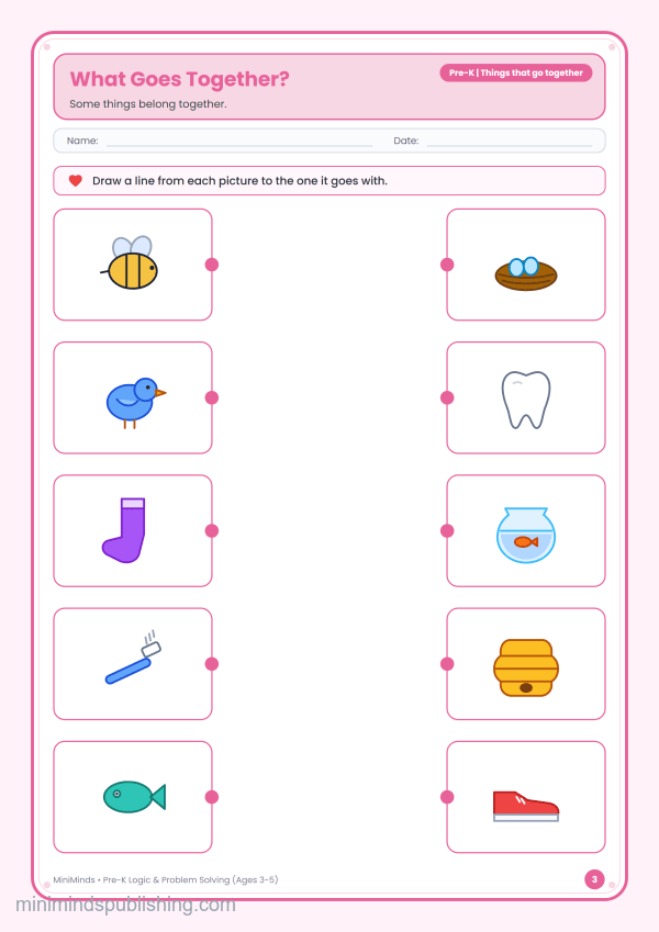 What Goes Together? — free printable Pre-K logic & problem solving worksheet for ages 3-5