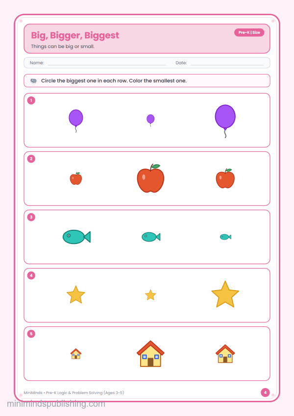 Big, Bigger, Biggest — free printable Pre-K logic & problem solving worksheet for ages 3-5