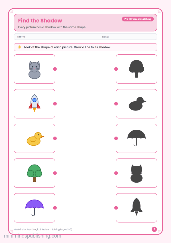 Find the Shadow — free printable Pre-K logic & problem solving worksheet for ages 3-5