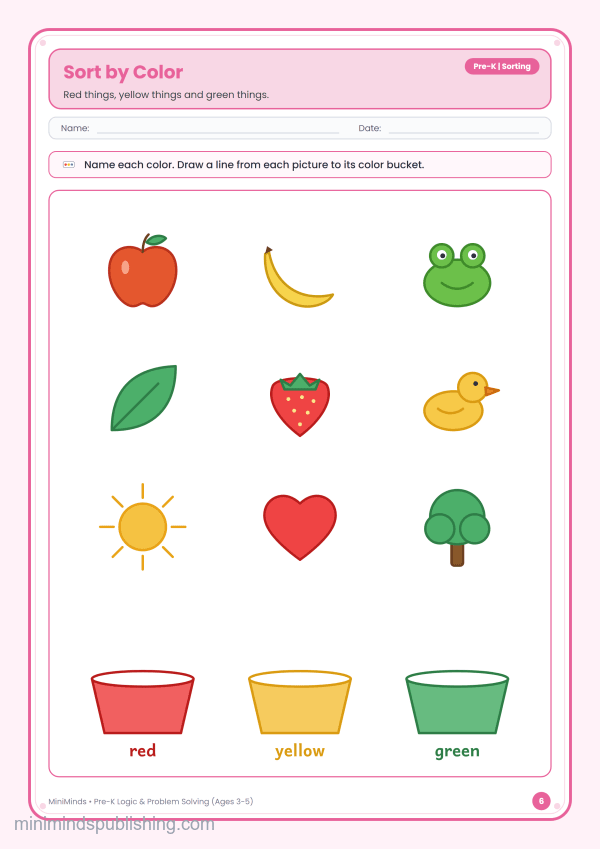 Sort by Color — free printable Pre-K logic & problem solving worksheet for ages 3-5