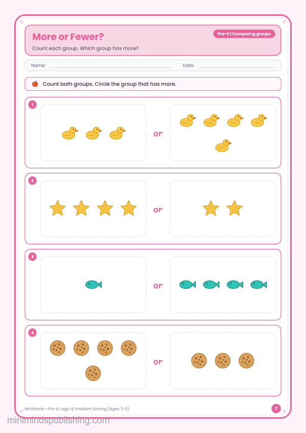 More or Fewer? — free printable Pre-K logic & problem solving worksheet for ages 3-5