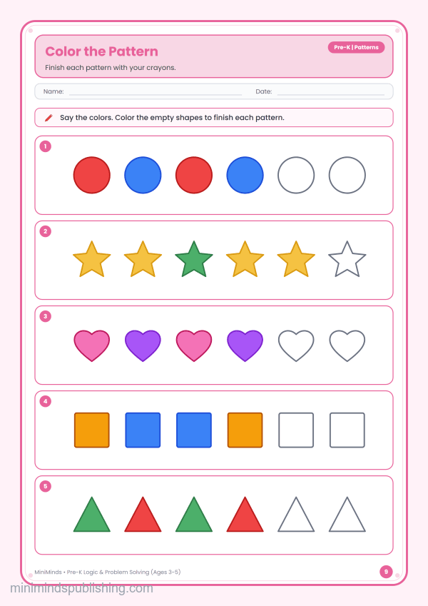 Color the Pattern — free printable Pre-K logic & problem solving worksheet for ages 3-5