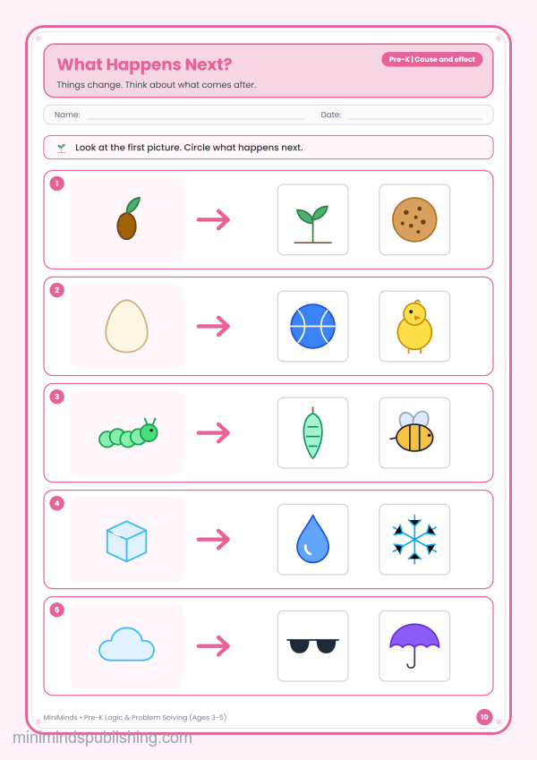 What Happens Next? — free printable Pre-K logic & problem solving worksheet for ages 3-5