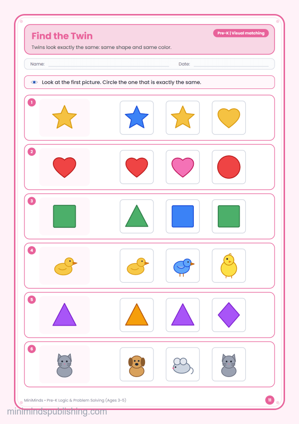 Find the Twin — free printable Pre-K logic & problem solving worksheet for ages 3-5