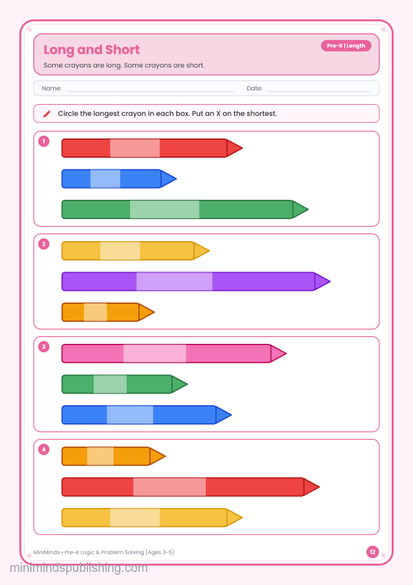 Long and Short — free printable Pre-K logic & problem solving worksheet for ages 3-5