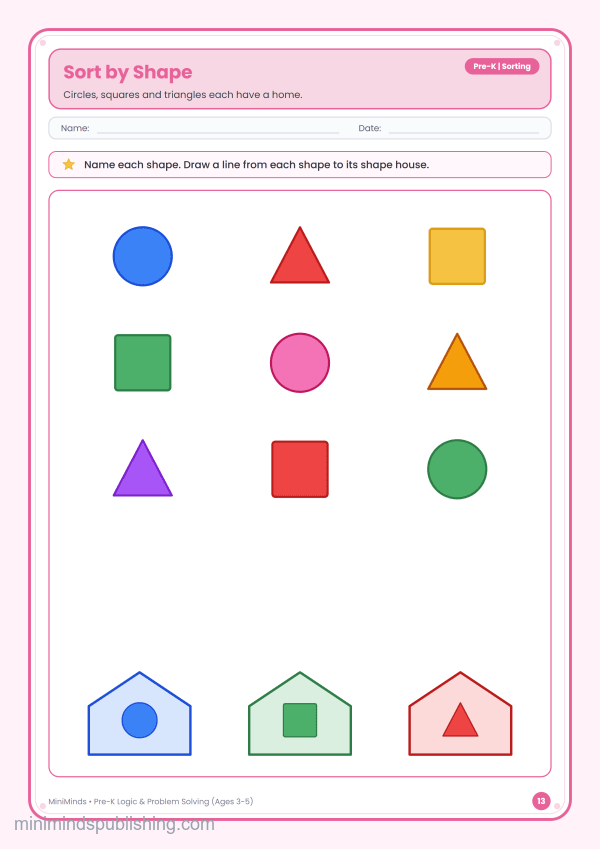 Sort by Shape — free printable Pre-K logic & problem solving worksheet for ages 3-5