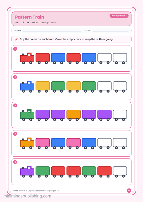 Pattern Train — free printable Pre-K logic & problem solving worksheet for ages 3-5
