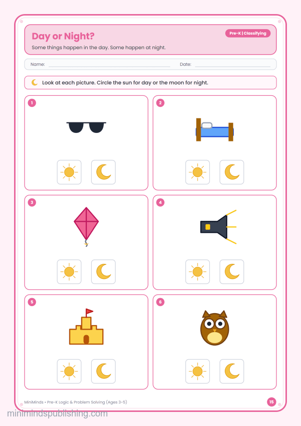 Day or Night? — free printable Pre-K logic & problem solving worksheet for ages 3-5