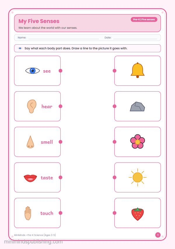 My Five Senses — free printable Pre-K science worksheet for ages 3-5