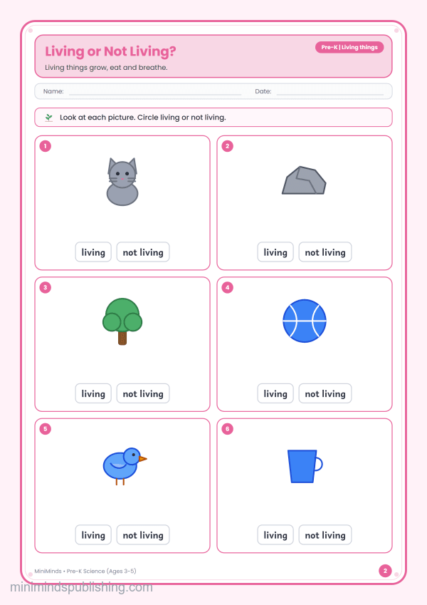 Living or Not Living? — free printable Pre-K science worksheet for ages 3-5