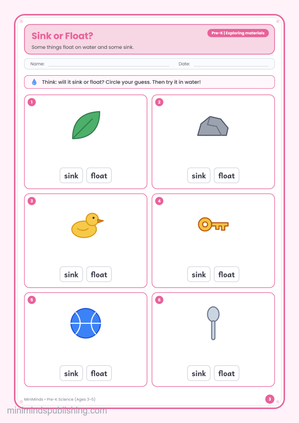 Sink or Float? — free printable Pre-K science worksheet for ages 3-5